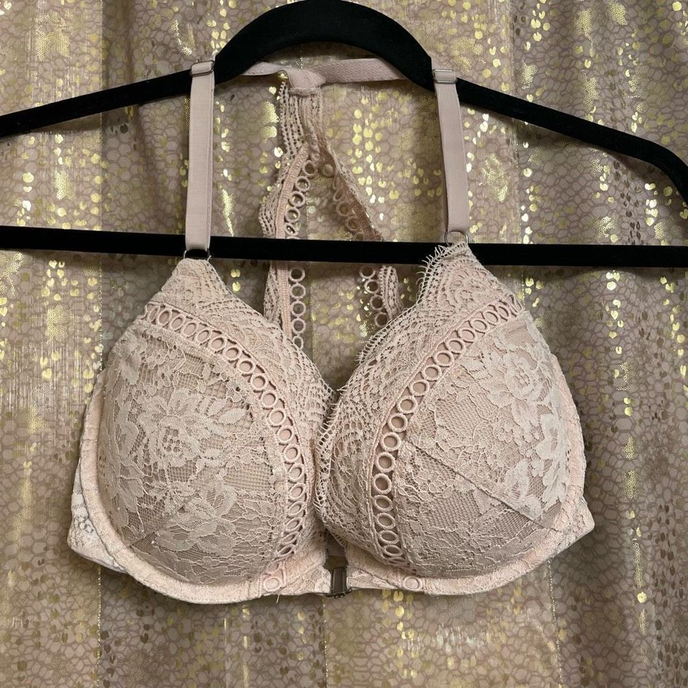 Victorias Secret tan lace embroidered dream angels padded push up bra 32DD‎
